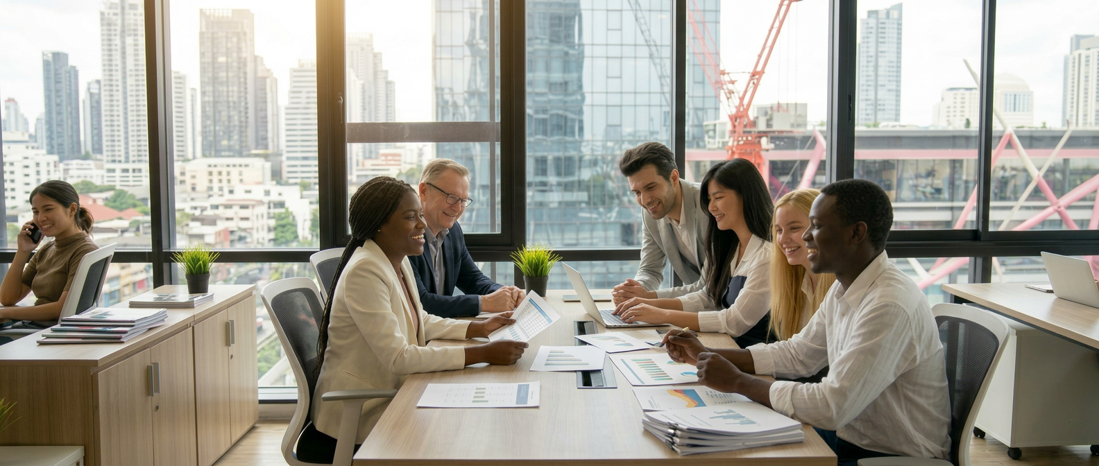 Six professionals sitting around a table reviewing financial charts and documents in an office with city views